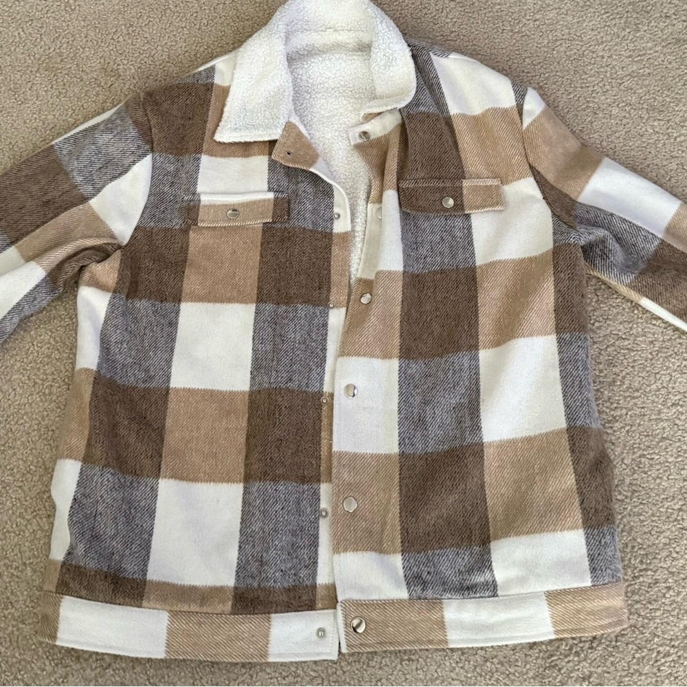 SHEIN Men's Checkered Jean Jacket - Brown, White, and Gray